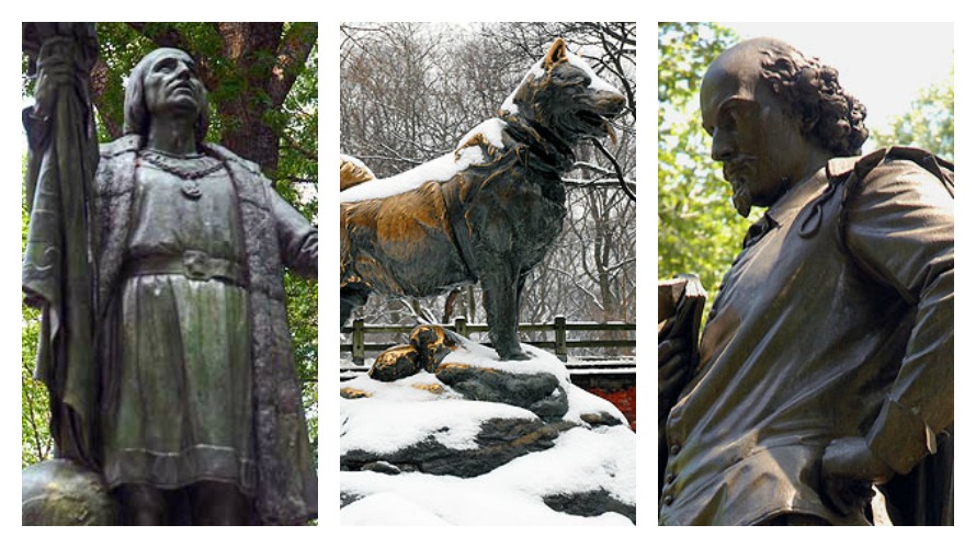 Where are the women? Statues of (from left to right) Christopher Columbus, Balto and William Shakespeare (photos from CentralParkNYC.org)
